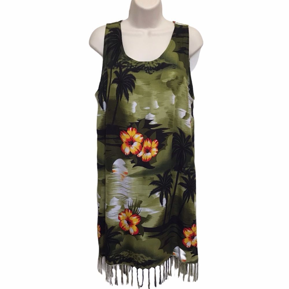 Vintage I.G. Sport Fringed Floral Hawaiian Shift Dress Tropical Sz M